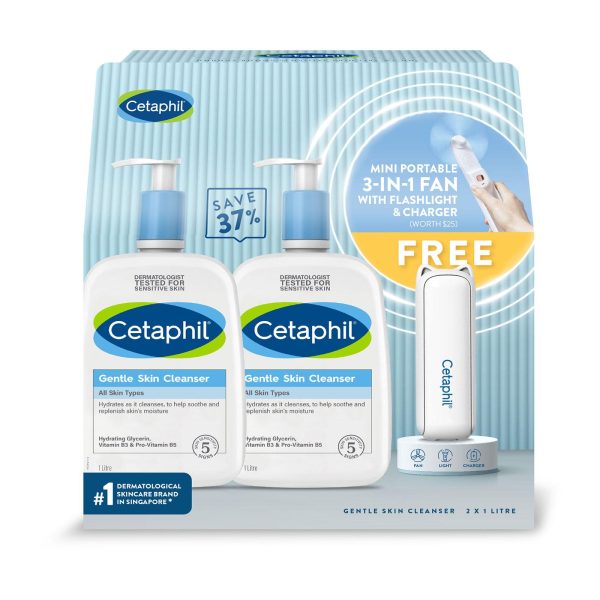 Cetaphil Gentle Skin Cleanser 1L (Twin Pack) + Portable Fan Limited Edition
